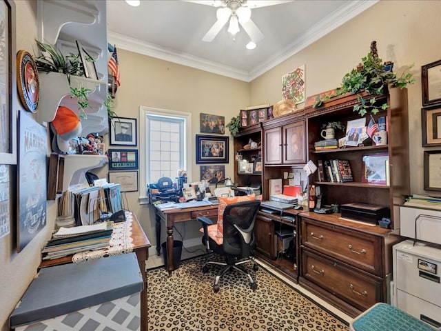 office space featuring ornamental molding and a ceiling fan