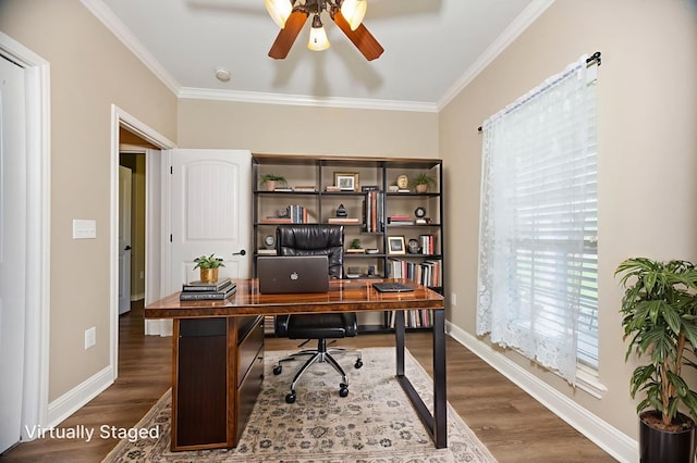113 Westfield Loop, Lufkin, TX 75904 - office area with dark wood-type flooring, a ceiling fan, and ornamental molding