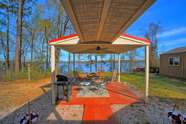 2105 Carters Ferry Rd, E Road, Milam, TX 75959 - view of patio / terrace with an outdoor structure, area for grilling, and ceiling fan