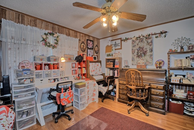 2105 Carters Ferry Rd, E Road, Milam, TX 75959 - office area featuring crown molding, a ceiling fan, wood finished floors, and a textured ceiling