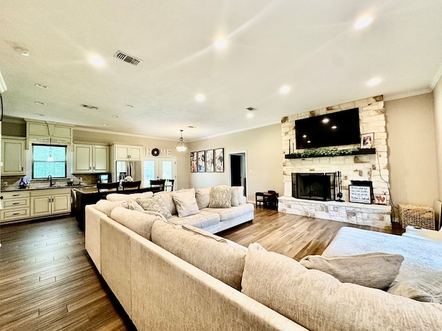 4815 Fm 2827, Warren, TX 77664 - living room featuring crown molding, dark wood-style flooring, a fireplace, and recessed lighting