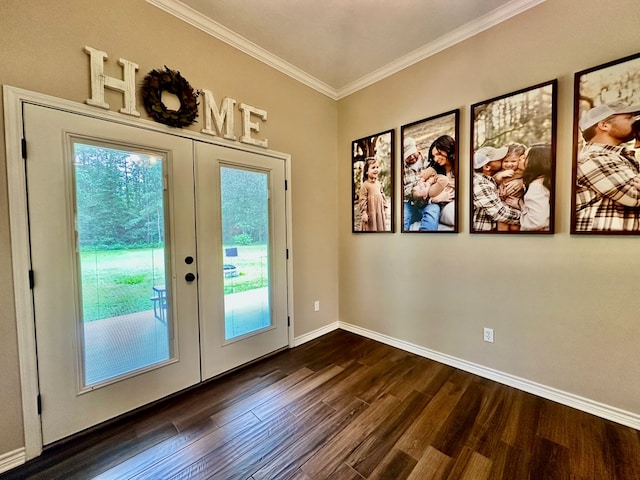 4815 Fm 2827, Warren, TX 77664 - doorway featuring french doors, dark wood finished floors, crown molding, and baseboards