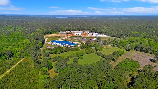 drone / aerial view with a wooded view