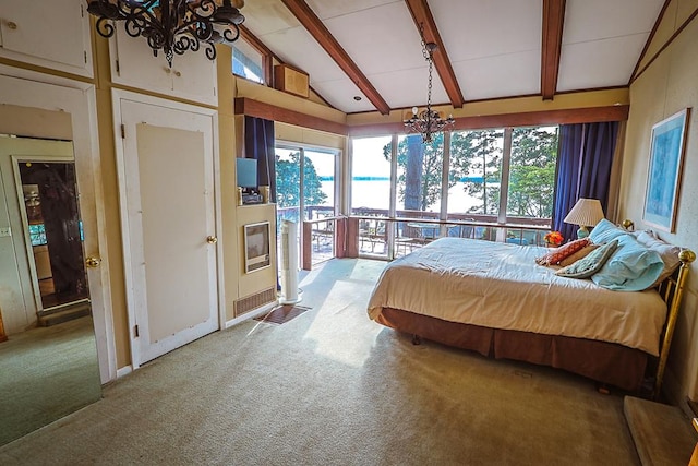 bedroom featuring vaulted ceiling with beams, access to outside, carpet floors, and a chandelier