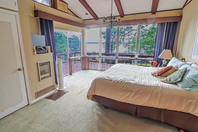 bedroom with access to outside, carpet flooring, lofted ceiling with beams, and a notable chandelier