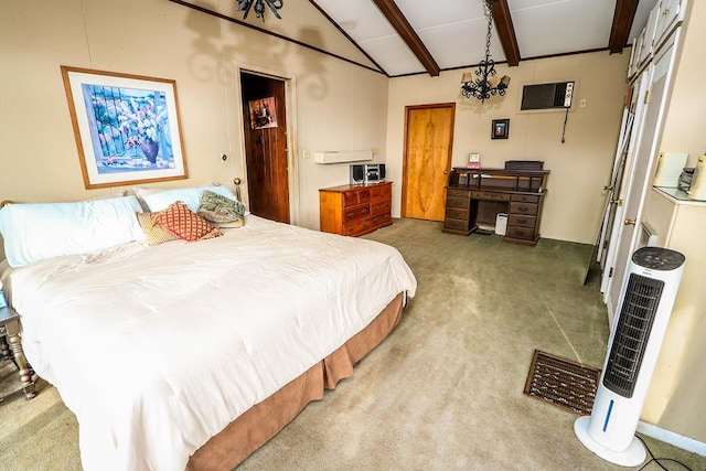 bedroom with vaulted ceiling with beams and carpet