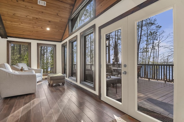 130 Boxwood Ln, Brookeland, TX 75931 - sunroom / solarium featuring wooden ceiling, lofted ceiling, a deck, wood finished floors, and recessed lighting