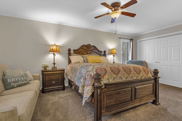 130 Boxwood Ln, Brookeland, TX 75931 - carpeted bedroom with a closet, crown molding, and ceiling fan