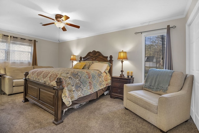 130 Boxwood Ln, Brookeland, TX 75931 - bedroom featuring light colored carpet, ornamental molding, and a ceiling fan