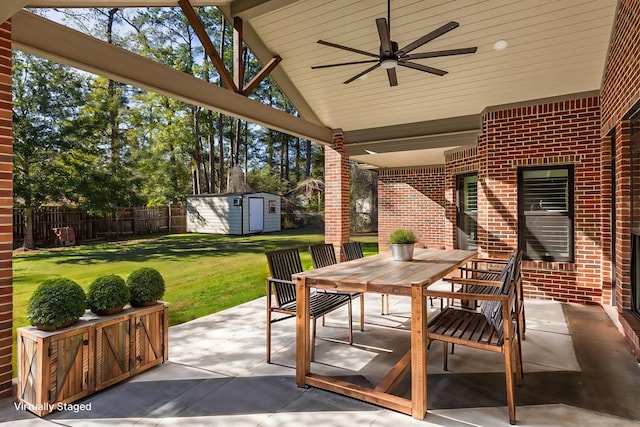 view of patio / terrace featuring a shed