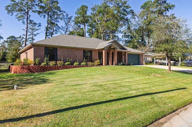 ranch-style house with a garage and a front lawn