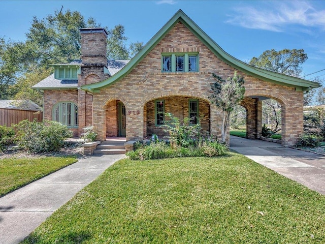 english style home with a porch and a front yard