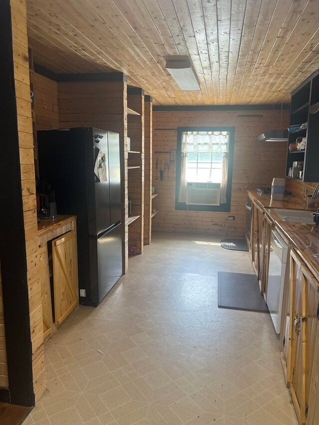 1026 Berry Rd, Lufkin, TX 75904 - kitchen with wooden ceiling, freestanding refrigerator, dishwasher, open shelves, and light floors