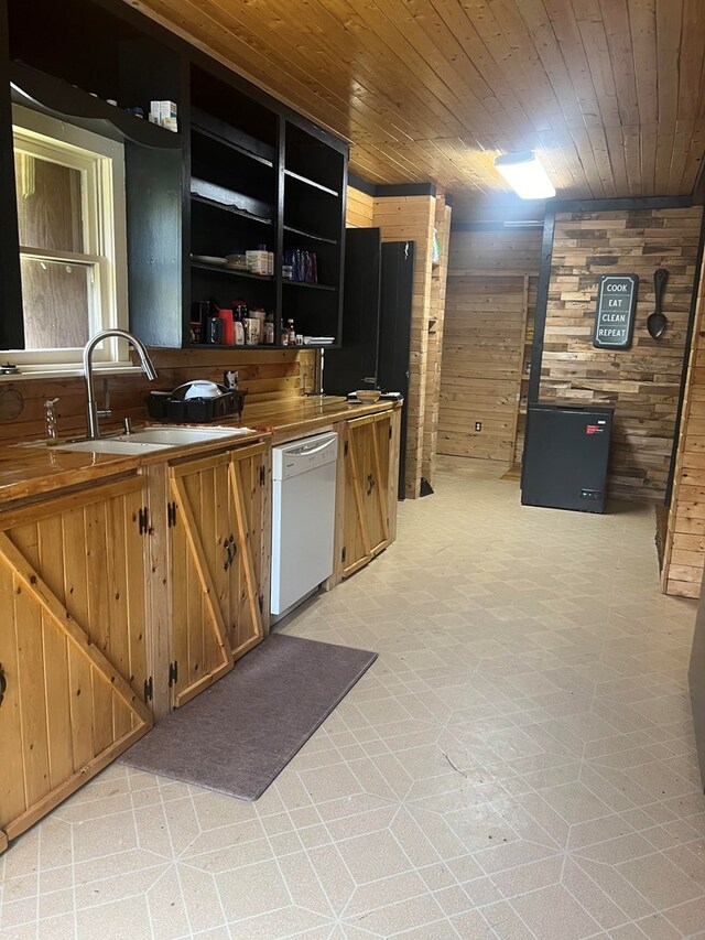 kitchen with wood walls, sink, white dishwasher, and wooden ceiling