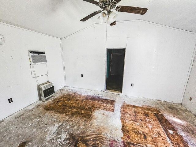 unfurnished living room featuring an AC wall unit, vaulted ceiling, ceiling fan, a textured ceiling, and heating unit