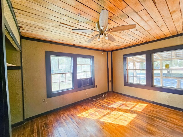 spare room featuring hardwood / wood-style flooring, ceiling fan, and wood ceiling