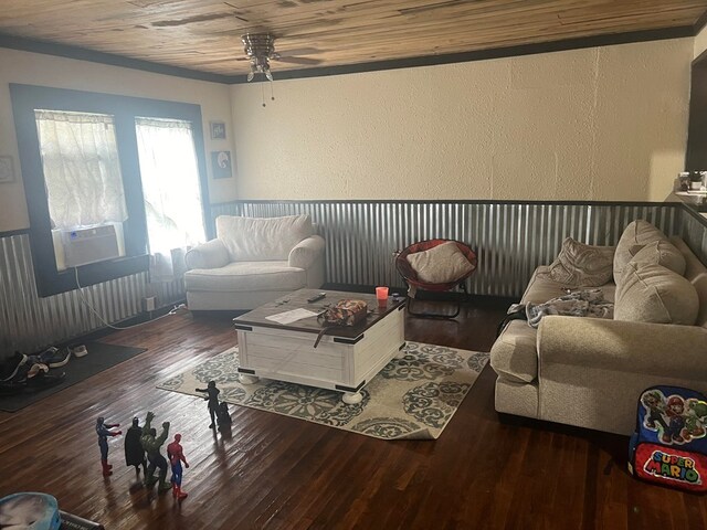 living room with dark hardwood / wood-style flooring, cooling unit, ceiling fan, and wooden ceiling