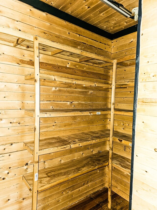 interior details with wooden walls and wooden ceiling