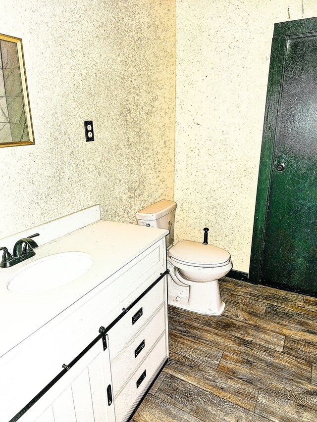 bathroom featuring vanity, wood-type flooring, and toilet