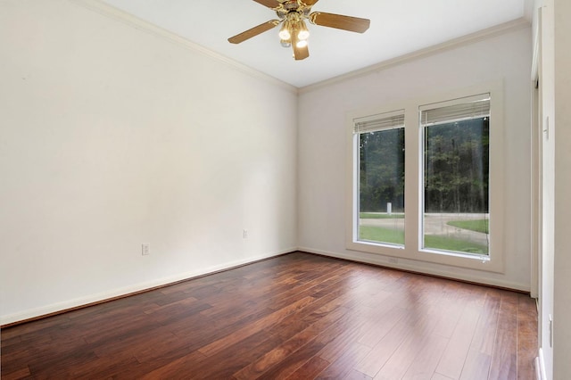 unfurnished room with hardwood / wood-style flooring, ceiling fan, and crown molding