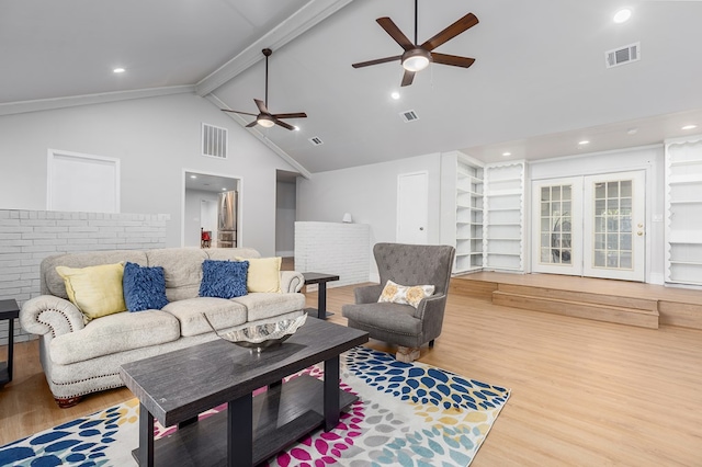 living room with beam ceiling, built in shelves, high vaulted ceiling, and wood-type flooring