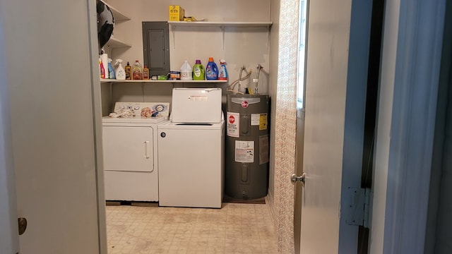 clothes washing area featuring washing machine and dryer, electric panel, and water heater