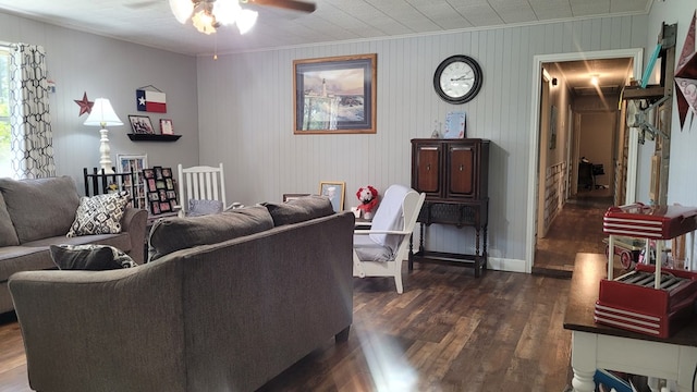 living room with dark hardwood / wood-style floors, ceiling fan, and ornamental molding