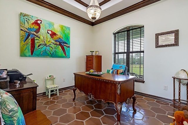 tiled office featuring ornamental molding and an inviting chandelier