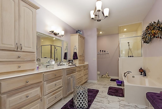 full bathroom featuring plus walk in shower, vanity, toilet, and a notable chandelier