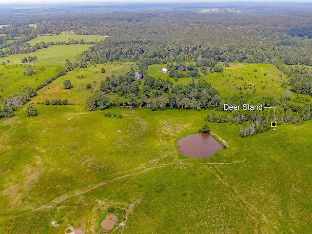 birds eye view of property with a water view and a rural view