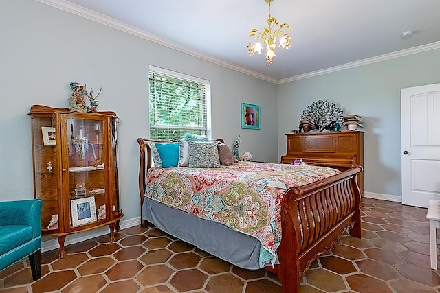 bedroom featuring crown molding and a chandelier