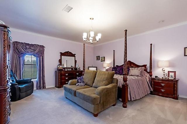 carpeted bedroom featuring a chandelier and ornamental molding