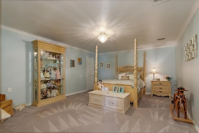 carpeted bedroom featuring a textured ceiling and ornamental molding