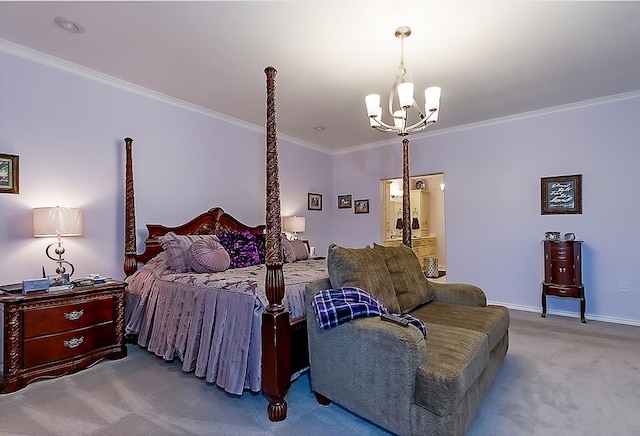 carpeted bedroom with ornamental molding and a chandelier