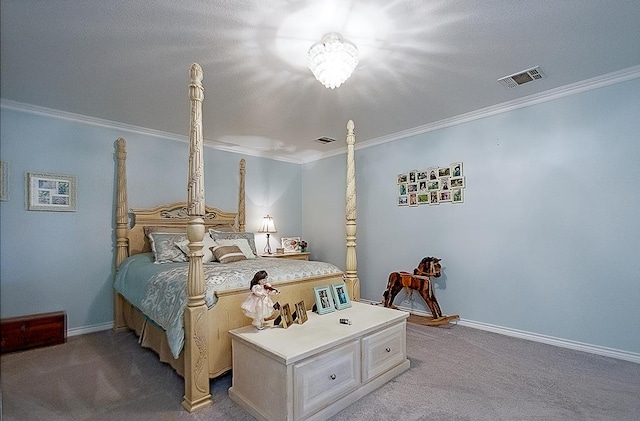 bedroom with carpet and crown molding