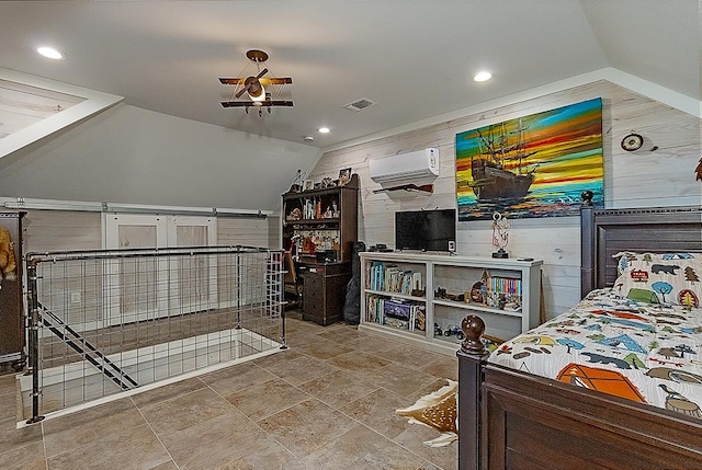 bedroom with wooden walls, a wall mounted AC, and vaulted ceiling