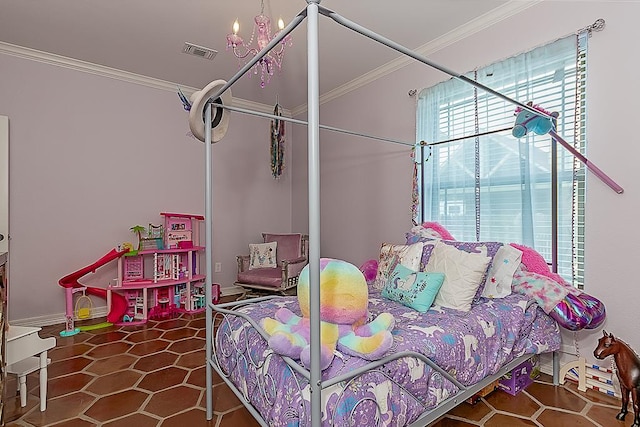 bedroom featuring tile patterned floors and crown molding