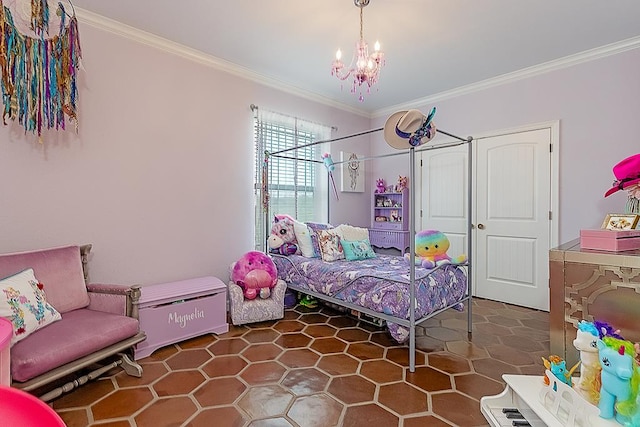 bedroom featuring ornamental molding and a notable chandelier