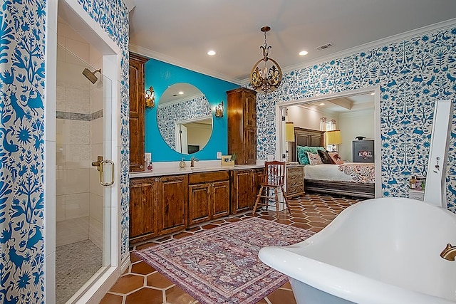 bathroom featuring an inviting chandelier, tile patterned flooring, shower with separate bathtub, vanity, and ornamental molding