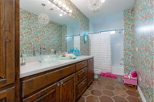 full bathroom with vanity, an inviting chandelier, tile patterned flooring, toilet, and shower / tub combo with curtain