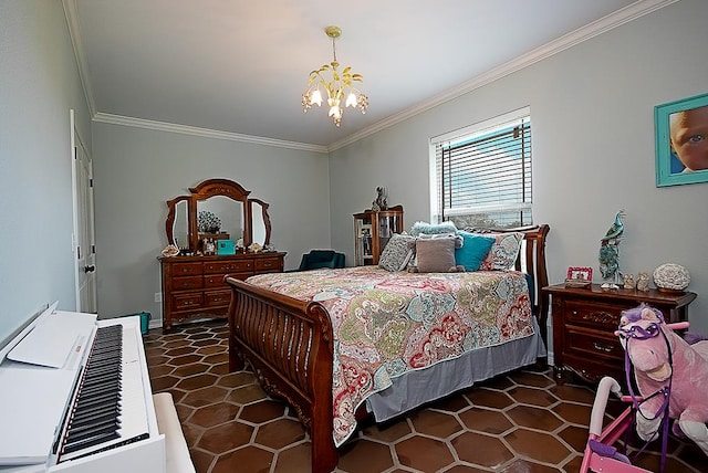 tiled bedroom featuring crown molding and a notable chandelier