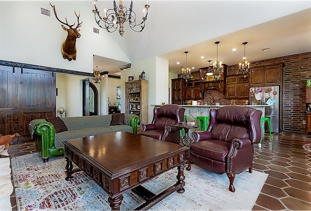 living room featuring high vaulted ceiling