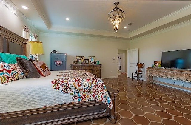 bedroom featuring a raised ceiling, crown molding, and a notable chandelier