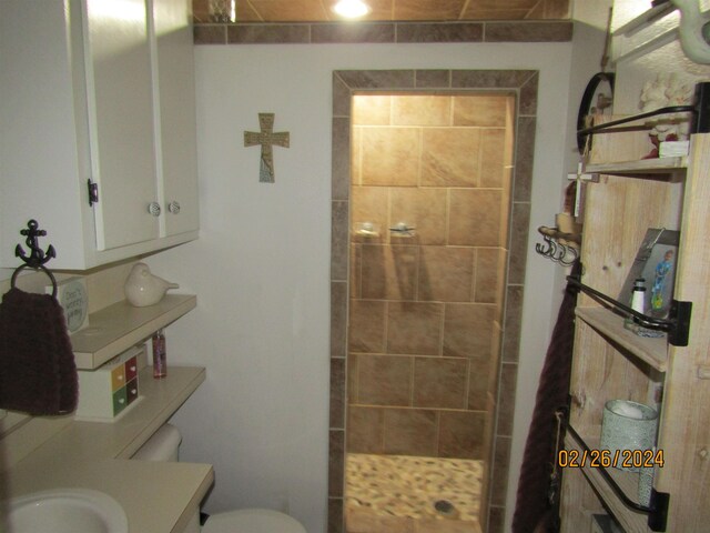 bathroom with a shower, vanity, and toilet