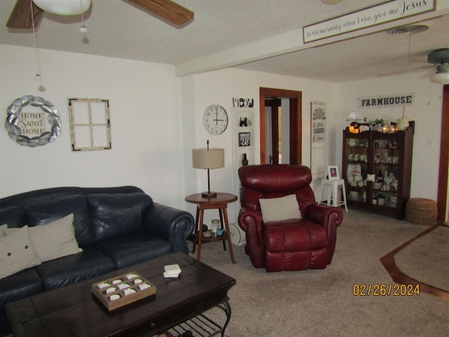 carpeted living room with ceiling fan and a textured ceiling