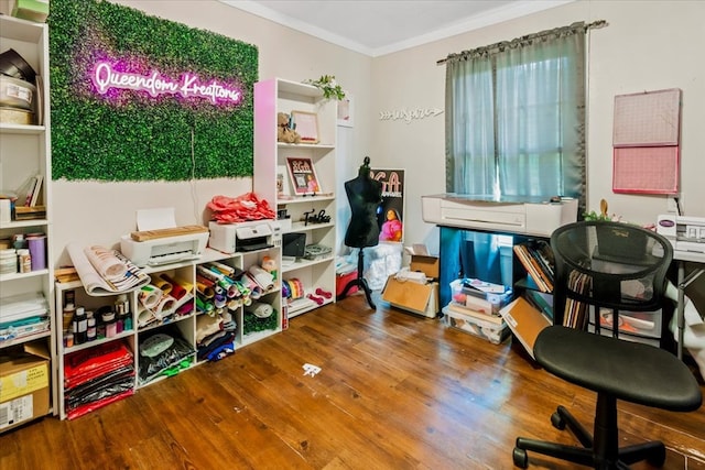 miscellaneous room featuring dark hardwood / wood-style floors and ornamental molding