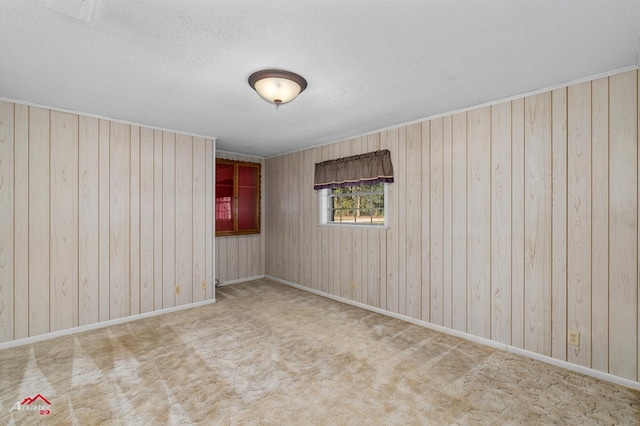 carpeted empty room with wood walls and a textured ceiling