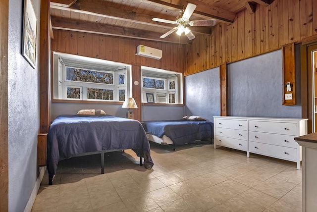 bedroom featuring wooden walls, a wall mounted AC, ceiling fan, wooden ceiling, and beam ceiling