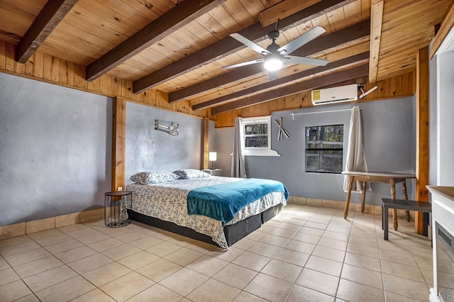 bedroom featuring light tile patterned floors, lofted ceiling with beams, a wall unit AC, and wooden ceiling