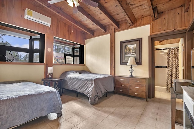 bedroom with beam ceiling, wood ceiling, a wall unit AC, and wood walls